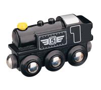 Locomotora de tren de vapor de madera de Maxim Enterprise Inc. Locomotora de vapor negra compatible con el juego de trenes Brio de Thomas & Friends y