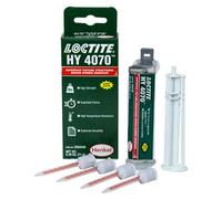 Loctite® HY 4070 es un adhesivo híbrido de dos componentes cianoacrilato/acrílico en gel incoloro.