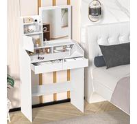 locwanot Escritorio de tocador con luces LED y espejo, mesa de maquillaje pequeña con 2 cajones y 3 compartimentos, moderno tocador con 3 brillos de iluminación ajustables para mujeres y niñas, color