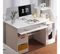 locwanot Escritorio para computadora con 2 cajones y 3 estantes de gabinete, mesa de escritura ideal para oficina en casa, elegante diseño de madera blanca, escritorio espacioso y práctico cajón para