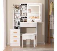 locwanot Juego de escritorio y silla con espejo deslizante y luces, con 4 cajones y 7 estantes abiertos para almacenamiento, moderno tocador de cristal blanco para mujeres y niñas (EU Style)