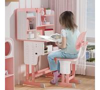 locwanot Juego de escritorio y silla para niños de altura ajustable, mesa de estudio ergonómica para niños con cajón de almacenamiento, escritorio ancho, gancho para mochila, estación de trabajo de