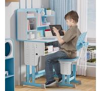 locwanot Juego de escritorio y silla para niños de altura ajustable, mesa de estudio ergonómica para niños con cajón de almacenamiento, escritorio ancho, gancho para mochila, estación de trabajo de