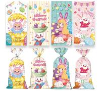 Lodeihoo 50 bolsas de celofán de Pascua, 4 estilos de bolsas de regalo de dulces de Pascua con 50 lazos trenzados para aperitivos, galletas, embalaje de dulces, suministros de fiesta de Pascua