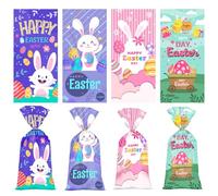 Lodeihoo 50 bolsas de celofán de Pascua, bolsas de regalo de plástico para dulces de Pascua con 50 lazos trenzados para suministros de fiesta temática de Pascua (4 estilos)