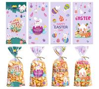 Lodeihoo 50 bolsas transparentes de Pascua, 4 estilos de bolsas de regalo de plástico para dulces de Pascua con 50 lazos trenzados para aperitivos, galletas, embalaje de dulces, suministros de fiesta