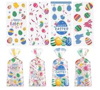Lodeihoo 50 bolsas transparentes de Pascua, bolsas de regalo de dulces de Pascua con 50 lazos trenzados para aperitivos, galletas, embalaje de dulces, suministros de fiesta de Pascua (4 estilos)