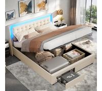 Lodera - Cama doble de 140 x 190 cm, color beige con cabecero de cama y almacenamiento, con somier de madera y 2 cajones al final de la cama, de terciopelo, para adultos y adolescentes, cama doble con