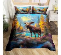 Lodge Cabin Funda de edredón, alce salvaje decoración animal juego de ropa de cama para niños, pino de la selva, árboles de pino natural, cubierta con 1 funda de almohada (sin cubierta), tamaño M, 2