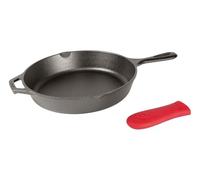 Lodge Sartén de hierro fundido, presazonada con soporte de silicona para mango caliente, 10.25 pulgadas de diámetro, silicona negra y roja (L8SK3ASHH41B)