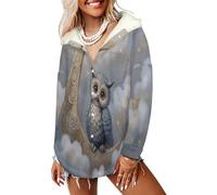 LODMLOER Chaqueta de Forro Polar para Mujer Cielo De Dibujos Animados Sudadera con Capucha Forro de Borreguillo Luna De Búho Abrigo Otoño Invierno Cárdigan Manga Larga con Bolsillo, Gris