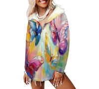 LODMLOER Chaqueta de Forro Polar para Mujer Mariposas De Colores Sudadera con Capucha de Invierno Cálido Pinceladas De Pintura Al Óleo Chaqueta de Lana con Bolsillos, Multicolor