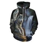 LODMLOER Hombre Sudaderas con Capucha Lobos Salvajes 3D Sweatshirt Hoodies Cascada del Bosque Jersey Informal de Manga Larga Ropa Deportiva Divertida con Bolsillos