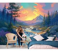 LODMLOER Papel Pintado Efecto 3D Bosque De Pinos Río Salón Dormitorio - Sin adhesivo - Fotomural de Pared en Tejido No Tejido Decorativo Valle Del Atardecer Decoración de Pared 200x140cm