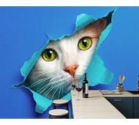 LODMLOER Papel tapiz fotográfico Gato Animal 300x210cm tejido no tejido Fondo De Pantalla XXL Grieta En La Pared Decoración De Pared Sala Cuarto Oficina Salón amarillento Azul