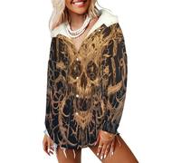 LODMLOER Sudadera con Capucha de Forro Polar para Mujer Cara Extraña De Demonio Chaqueta de Invierno con Botones Árboles Retorcidos Cálido Abrigo de Informal de Moda con Bolsillos Marrón