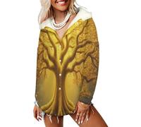LODMLOER Sudadera con Capucha de Invierno Surrealismo Chaqueta de Forro Polar para Mujer Árbol Dorado Antiguo Chaqueton Borreguito Tallas Grandes Abrigo Cálido Largo con Bolsillo, Amarillo Dorado