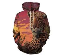 LODMLOER Sudadera con Capucha para Hombre Leopardo De La Pradera Al Atardecer Sweat Hood de Manga Larga Impresión 3D Animales Salvajes Hoodie Ropa Deportiva Pullover con Bolsillo, Tallas Grandes