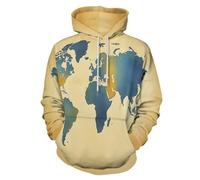 LODMLOER Sudadera con Capucha para Hombre Mapa del Mundo Retro Sweat Hood de Manga Larga Impresión 3D Papel Viejo Hoodie Ropa Deportiva Pullover con Bolsillo, Tallas Grandes