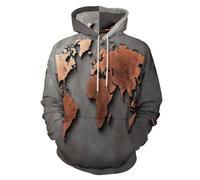 LODMLOER Sudadera con Capucha para Hombre Mapa del Mundo Sweat Hood de Manga Larga Impresión 3D Textura Metálica Hoodie Ropa Deportiva Pullover con Bolsillo, Tallas Grandes