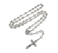 Lodoot Benedict - Collar de rosario vintage de metal plateado para collar, cuentas de oración, suministros para mujer, collar de cruz de metal