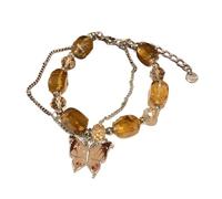 Lodoot Elegante cadena de muñeca de doble capa con colgante en forma de mariposa, cuentas marrones, accesorio de joyería para fiestas, cadena de mano de doble capa