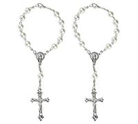 Lodoot Juego de 2 pulseras de rosario católico con cuentas de perlas de imitación de Cristo para crucifijo, pulsera de rosario católico de Nuestra Señora de la Católica