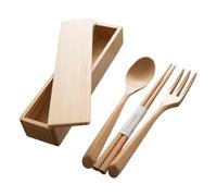 Lodoot Juego de cubiertos de madera portátiles de estilo japonés, tenedor, cuchara, palillos, utensilios de viaje fáciles de usar, juego de comedor eficiente