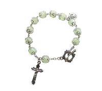 Lodoot Pulsera de acrílico con crucifijo de perlas redondas católicas, rosario verde, joyería religiosa para mujeres y hombres