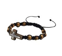 Lodoot Pulseras de rosario católico para mujeres y hombres, cuentas de madera de 8 mm, pulseras trenzadas, pulsera ajustable, joyería de nudo chino, rosario, pulsera de cruz