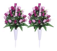 Lodou Flores Artificiales de Cementerio, Rosas para decoración de tumbas al Aire Libre, Ramo de arreglos con jarrón de Cementerio, Flores de Seda para un Recuerdo Duradero (Morado)