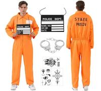 LOEPENLE Juego de disfraz de convicto para hombre, kit de accesorios de disfraz color naranja de prisión, mono de prisionero para Halloween, carnaval y cosplay