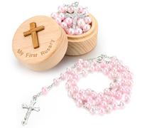 Loetere Regalos de bautismo para niñas y niños, rosario católico mi primer rosario y caja de recuerdo para baby shower, juego de regalo de cuentas cristianas de primera comunión, cuenta del collar