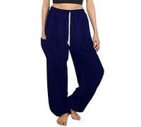 Lofbaz Mujer Cordón Harén Sólido Bohemio Hippie Seda Artificial Pantalones Azul Oscuro XL