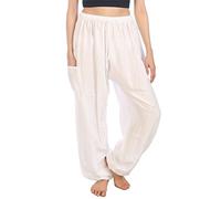 Lofbaz Mujer Cordón Harén Sólido Bohemio Hippie Seda Artificial Pantalones Blanco L