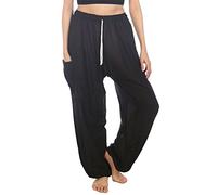 Lofbaz Mujer Cordón Harén Sólido Bohemio Hippie Seda Artificial Pantalones Negro XL