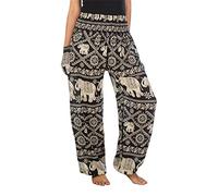 Lofbaz Mujer Elefantes Impresión Smocked Cintura Boho Pantalones Negro 2XL
