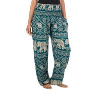 Lofbaz Mujer Elefantes Impresión Smocked Cintura Boho Pantalones Verde Trullo L