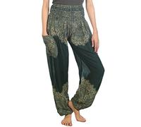 Lofbaz Mujer Floral Smocked Cintura Harén Pantalones Verde Size L