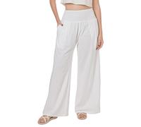 Lofbaz Mujer Pantalones de Pierna Ancha Palazzo de Algodón Lino Fluido Verano Cintura Alta Playa Boho de Salón con Bolsillos Blanco 2XL