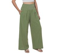 Lofbaz Mujer Pantalones de Pierna Ancha Palazzo de Algodón Lino Fluido Verano Cintura Alta Playa Boho de Salón con Bolsillos Verde Salvia L