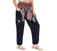 Lofbaz Mujer Pantalones Harem Boho de Cintura alforzada Floral 1 Negro XL