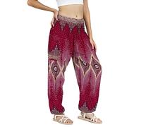 Lofbaz Mujer Pantalones Harem Boho de Cintura alforzada Floral 2 Borgoña XL