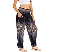 Lofbaz Mujer Pantalones Harem Boho de Cintura alforzada Floral 2 Negro M