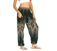 Lofbaz Mujer Pantalones Harem Boho de Cintura alforzada Floral 2 Verde Oscuro L