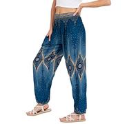 Lofbaz Mujer Pantalones Harem Boho de Cintura alforzada Floral 2 Verde Trullo 3XL