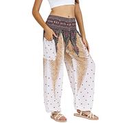 Lofbaz Mujer Pantalones Harem Boho de Cintura alforzada Peacock 1 Blanco S