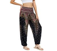 Lofbaz Mujer Pantalones Harem Boho de Cintura alforzada Peacock 1 Negro B XL