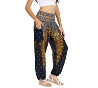 Lofbaz Mujer Pantalones Harem Boho de Cintura alforzada Peacock 1 Negro XL