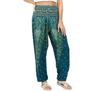 Lofbaz Mujer Pantalones Harem Boho de Cintura alforzada Peacock 1 Verde Trullo XL